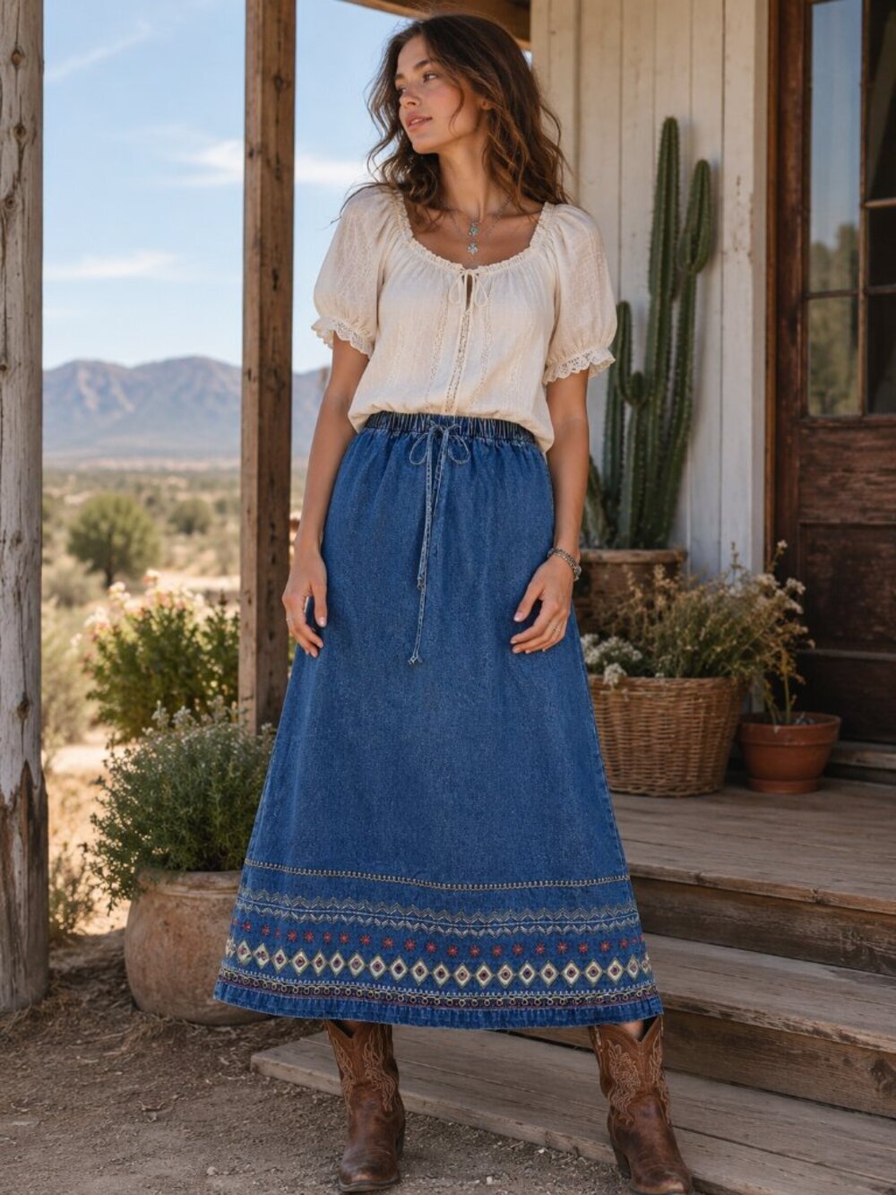 Vintage Embroidered Denim Midi Skirt Cottagecore Western Prairie M